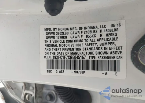 2016 Honda Civic Exl from USA, damaged, VIN 19XFC1F7XGE045167
